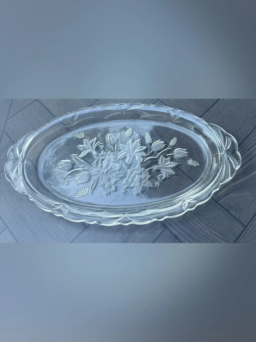 Vintage Clear Glass Oval Platter Frosted Floral Tulip Daffodil Serving Dish 16x9